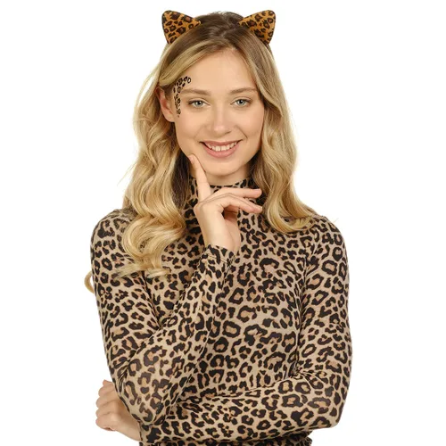 Vista 5 de Funcredible Diadema de orejas de guepardo con tatuajes diadema de leopardo con tatuaje temporal accesorios de disfraz de Halloween para adultos