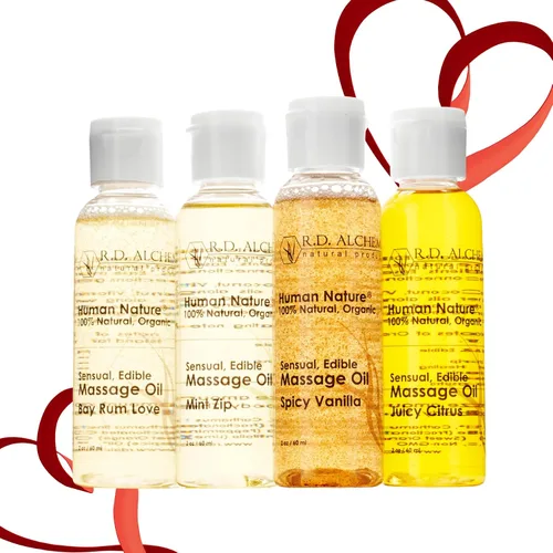 Vista 8 de RD Alchemy - Aceite de masaje comestible 100% natural y orgánico, juego de 2 piezas, paquete de muestra de 4 sabores + masajeador corporal.
