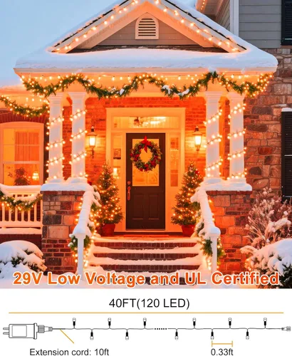 Vista 6 de 120 luces LED de Navidad de 40 pies para exteriores, guirnalda de luces de Navidad naranja impermeable, 8 modos de luces conectables para árbol