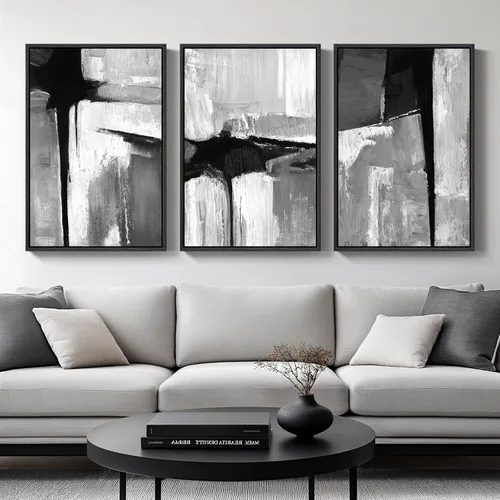 Vista 26 de Arte de pared abstracto moderno enmarcado en blanco y negro, 3 piezas de impresiones en lienzo pinturas obras de arte para paredes, cuadros Negro