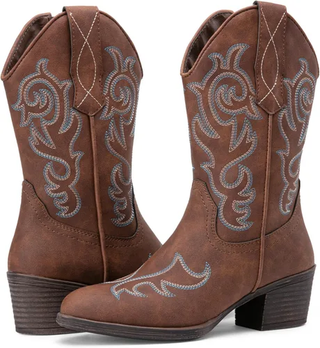 Vista 7 de Vepose Botas vaqueras para mujer 9800 Vaquera de media pantorrilla Botas bordadas occidentales para mujer