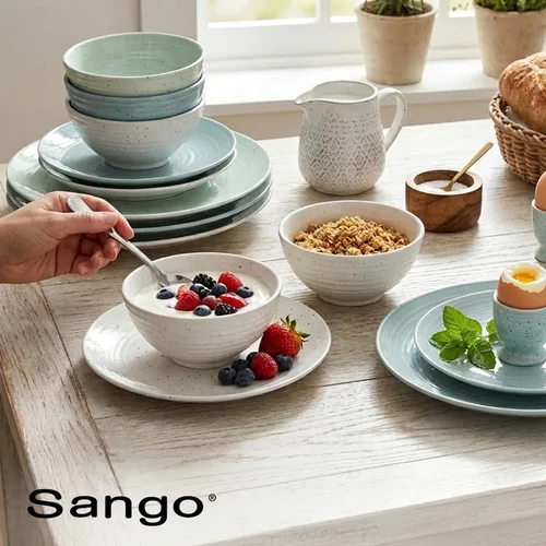 Vista 9 de Sango Siterra Artist's Blend - Juego de vajilla de gres de 16 piezas para 4, platos verdes, crema y blancos brillantes con motas, juegos de platos