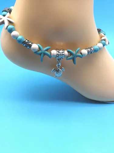 Vista 3 de Insaney - Tobillera con colgante de estrella de mar y perlas de color turquesa.