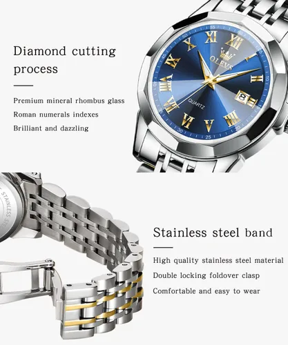 Vista 5 de OLEVS Reloj de pulsera para mujer, elegante, con diamantes, analógico, de cuarzo, de dos tonos, de acero inoxidable, impermeable, luminoso, regalo