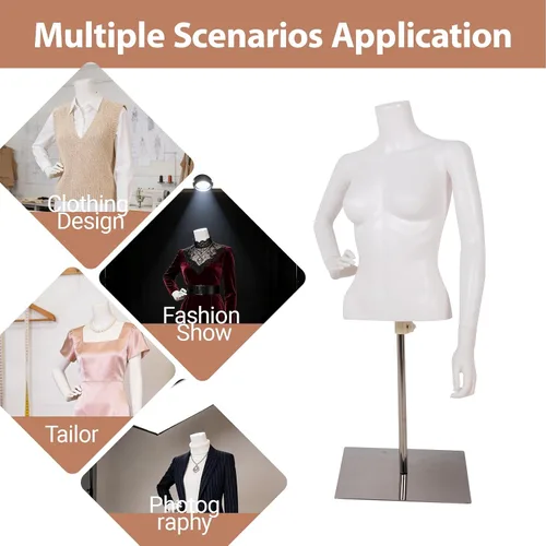 Vista 3 de Maniquí femenino de medio cuerpo blanco para la parte superior del cuerpo, elegante maniquí femenino con base estable, pantalla de forma de vestido