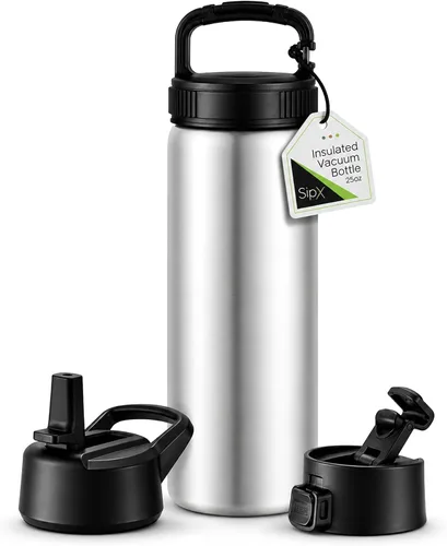Vista 130 de SIPX™ Botella de Agua Aislada de 18 oz con 3 Tapas – Acero Inoxidable a Prueba de Fugas, Triple Aislamiento – Frío 24 Horas/Caliente 12 Horas – Negro