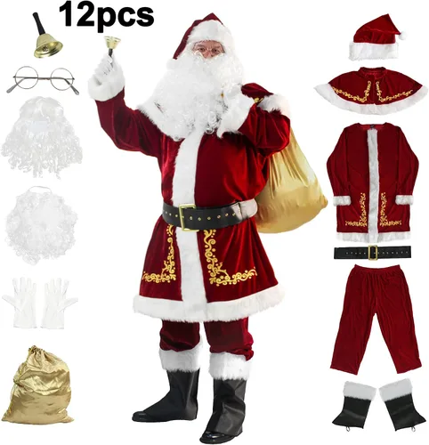 Vista 3 de WeGuard Traje de Papá Noel de terciopelo de lujo para hombre, juego de 12 piezas, disfraz de Papá Noel de Navidad