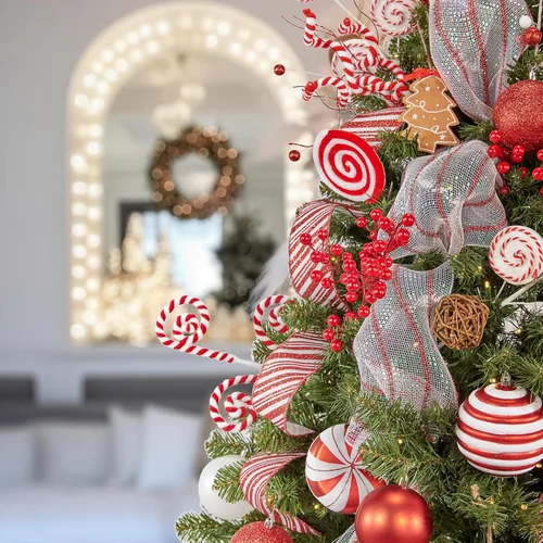 Vista 8 de WBHome Árbol de Navidad artificial preiluminado de 7 pies con 400 luces LED enchufables y paquete de adornos, decoraciones de Navidad con temas