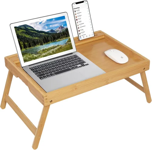 Vista 8 de Artmeer Bandeja de cama con patas plegables, bandeja de bambú para desayuno con ranura multimedia, uso como plato, escritorio para laptop