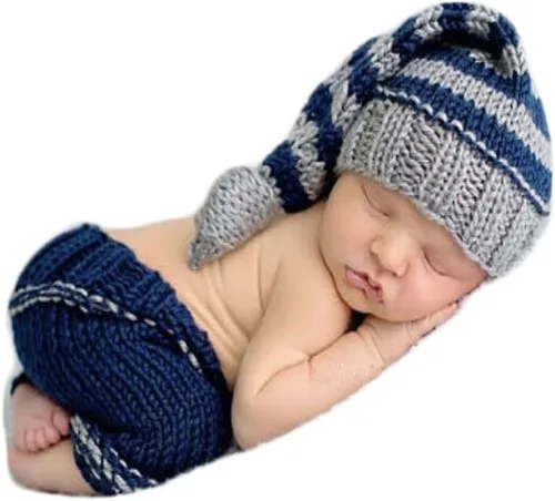 Vista 15 de Accesorios de fotografía para bebés recién nacidos, accesorios para sesión de fotos, trajes de ganchillo de punto unisex lindo sombrero pantalones