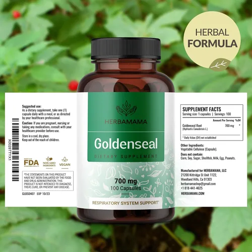 Vista 7 de HERBAMAMA Goldenseal - Cápsulas de raíz de 700 mg - Sistema respiratorio y apoyo inmunológico con suplemento en polvo de sello dorado, vegano, sin