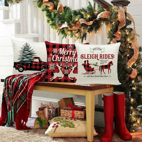 Vista 7 de Hlonon Fundas de Almohada Navideñas 16 x 16 Pulgadas Juego de 4 - Serie Navideña Funda de Cojín Almohada Personalizada con Cremallera Cuadrada Funda