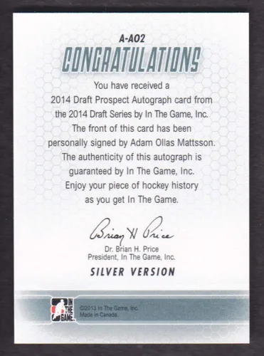 Vista 2 de 2014-15 ITG Draft Prospects Hockey Auto #A-AO2 Adam Ollas Mattsson AUTO