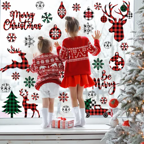Vista 7 de Calcomanías de Navidad para ventana, diseño de búfalo navideño, calcomanías de ventana extraíbles, decoración de ventanas para invierno, Navidad