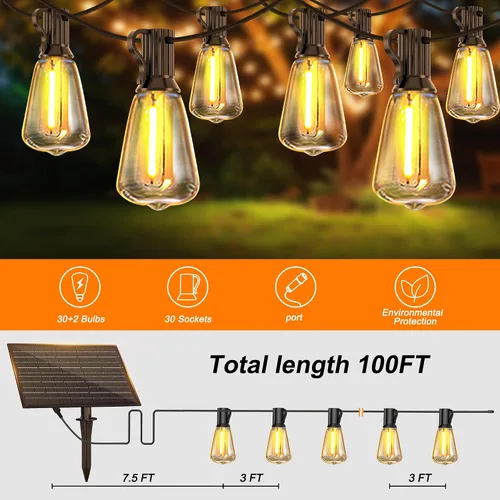 Vista 3 de BLIATLUS Guirnalda de luces solares superbrillantes de 100 pies para exteriores, impermeable, con control remoto, 30+2 bombillas LED ST38