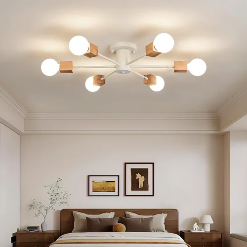 Vista 6 de Lámpara Sputnik Boho de 6 luces semiempotrada para techo, lámpara de techo de madera y blanca para comedor, sala de estar, dormitorio, cocina