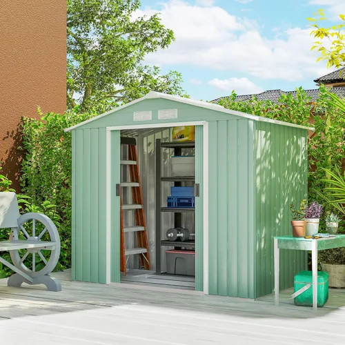 Vista 25 de Outsunny Cobertizo de almacenamiento exterior de 11' x 13', cobertizo de metal para herramientas de jardín con kit de cimentación, puerta con doble