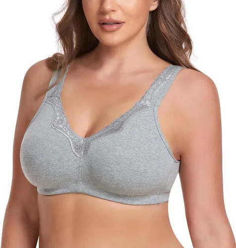 Vista 5 de Brasier de algodón cómodo con encaje y cobertura completa sin forro para mujer, sin forro, sin varillas, para mujer Albaricoque