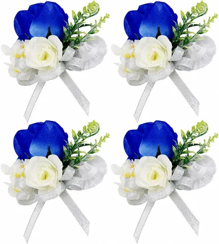 Vista 13 de ChezMax Ramillete artificial de flores hechas a mano con clip y cinta, 4 unidades para novia, novio, boda, fiesta de graduación
