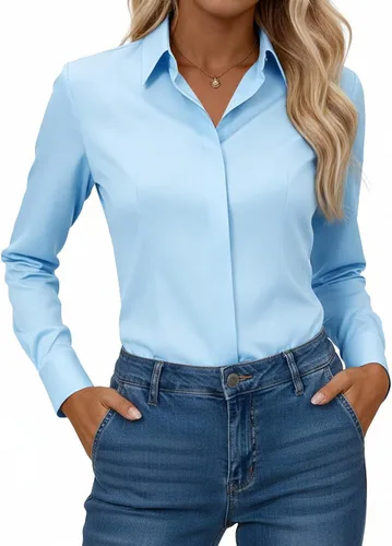 Vista 15 de Gleeivy Camisa con botones para mujer, solapa con botones ocultos, ligera, transpirable, resistente a las manchas, manga larga, trabajo e informal