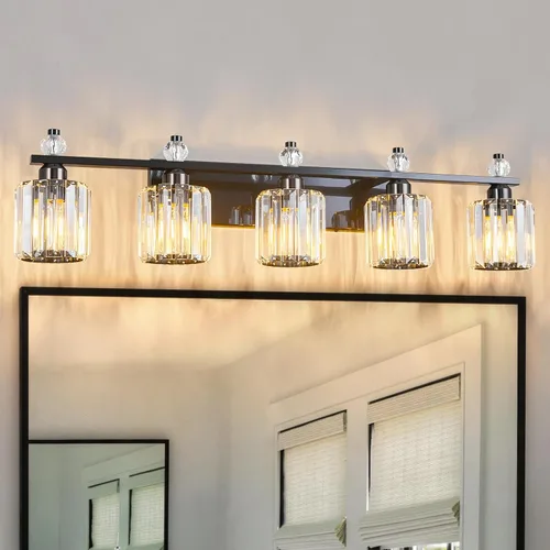 Vista 17 de Luces de Tocador de Baño de 3 Luces, Placado Negro, Modernas Luces de Tocador de Cristal para Baño, Luces de Tocador de Cristal para Usar Sobre