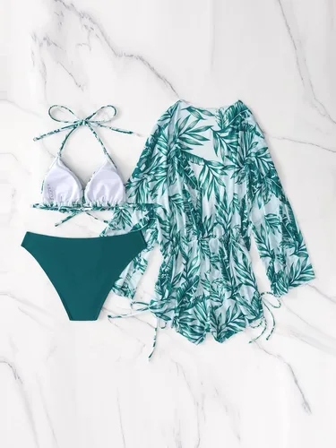 Vista 2 de SHENHE Traje de baño de 3 piezas para mujer con estampado de hojas halter cordón lateral con cubierta