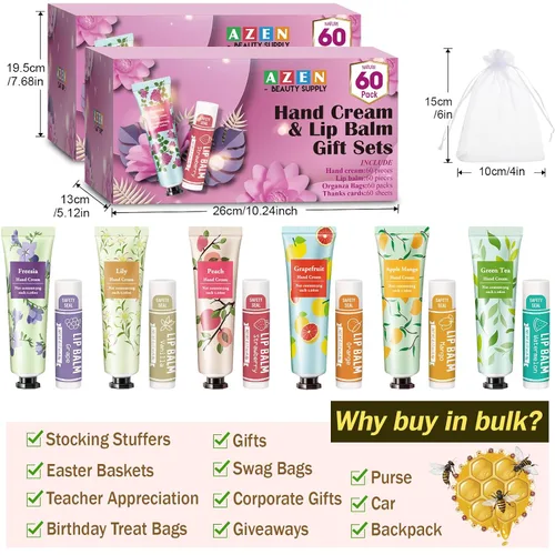Vista 6 de AZEN 120 Juegos de Regalos a Granel, Crema de Manos y Bálsamo Labial a Granel con Bolsa de Organza, Tarjeta de Agradecimiento, Regalos de Baby