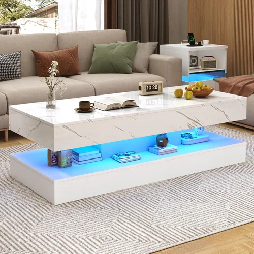 Vista 11 de chartustriable Mesa auxiliar grande de 39.4 pulgadas con LED de alto brillo con 2 cajones deslizantes, mesas de centro de almacenamiento para sala