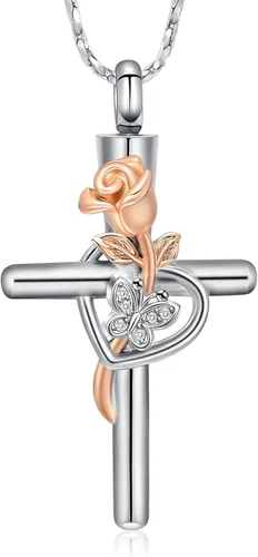 Vista 7 de Imrsanl Collar de urna de cruz de mariposa rosa para cenizas, joyería de cremación, colgante para hombres y mujeres, joyería conmemorativa