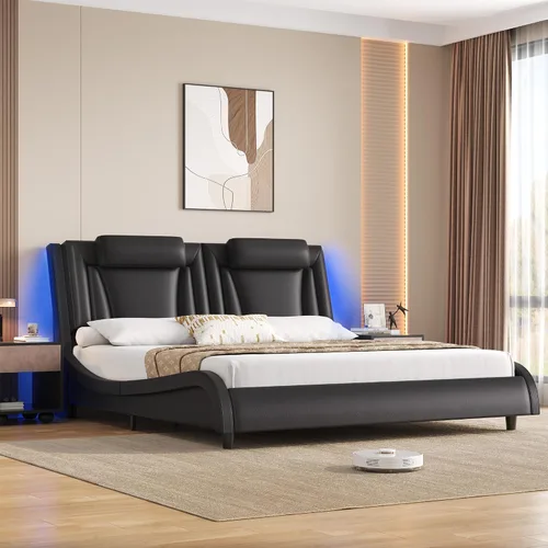 Vista 3 de Keyluv Armazón de cama moderno tapizado con plataforma con cabecera LED ajustable y diseño de curva ondulada y soporte de listones de madera sólida
