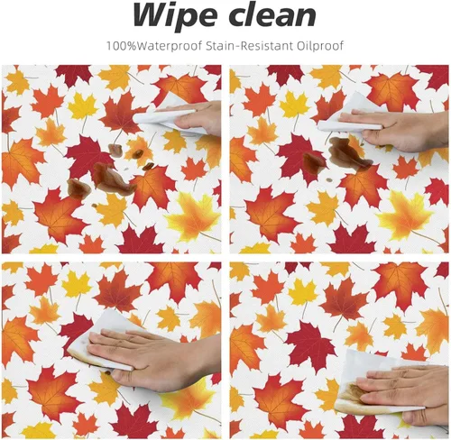 Vista 4 de Fiokroo Mantel de hojas de arce otoñales con borde elástico, mantel redondo de Acción de Gracias hoja de otoño lavable reutilizable cubierta de mesa