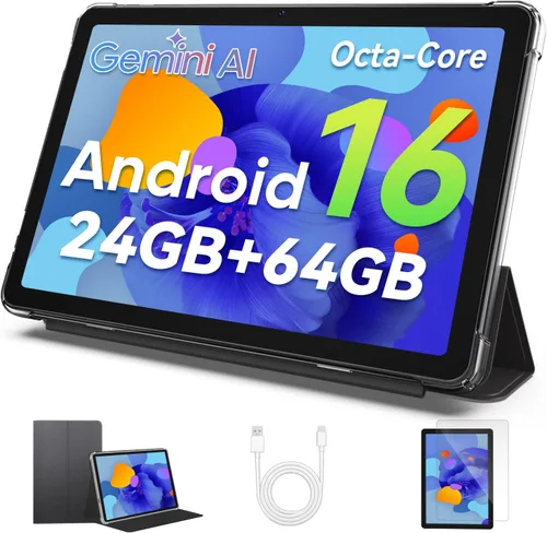 Vista 9 de Tablet Android 16, tableta de 10 pulgadas con teclado, Octa-Core, 24 GB de RAM 64 GB ROM 2 TB Expand, tabletas 2 en 1 con Gemini AI, 6000 mAh, WiFi