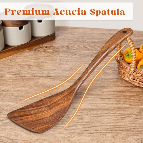Vista 6 de Espátula de madera para cocinar, espátulas planas de madera de acacia, espátula con mango largo para sartenes antiadherentes, sin arañazos