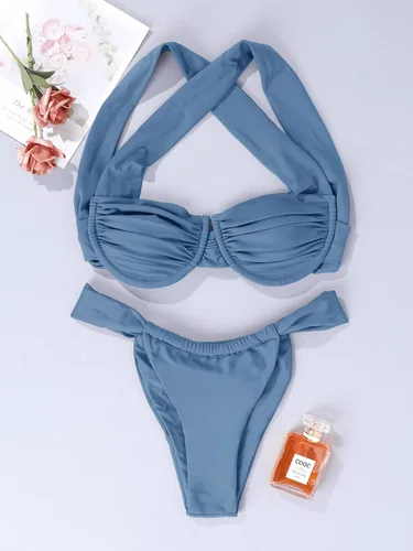 Vista 2 de Hilinker Conjunto de bikini fruncido para mujer, traje de baño de 2 piezas con espalda cruzada y corte alto