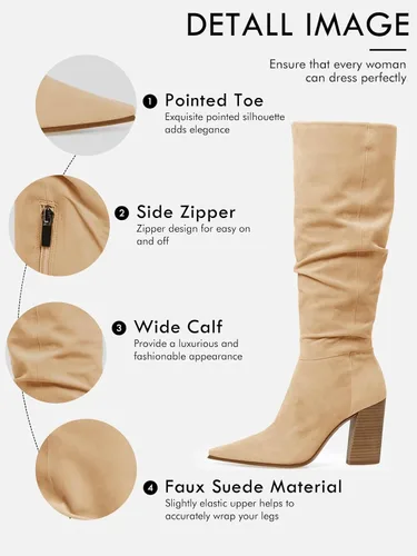Vista 5 de PiePieBuy - Botas altas hasta la rodilla de gamuza sintética para mujer, con punta, tacón alto y grueso, cremallera lateral, botas para fiesta