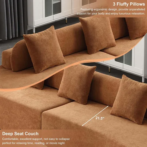 Vista 3 de Sofá modular curvado de 130.5 pulgadas para sala de estar, sofá de espuma sin hueso de 4 plazas con 3 almohadas, sofás de compresión para Marrón
