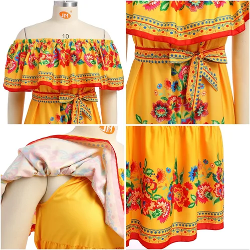 Vista 4 de Vestido mexicano para mujer, estampado floral, tradicional, étnico, hombros descubiertos, playa, vacaciones, fiesta, vestidos largos