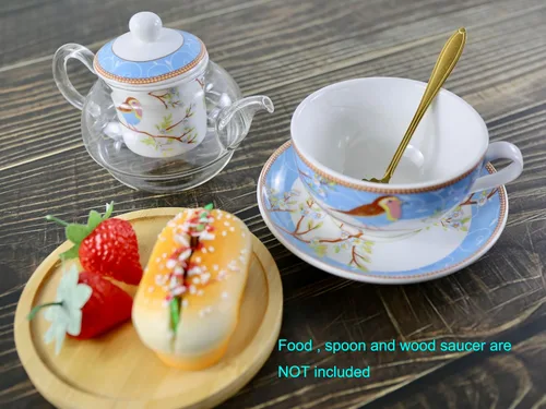 Vista 3 de Juego de té para uno, tetera de vidrio con infusor de porcelana y colador y taza y platillo, patrón de pájaro feliz (azul)