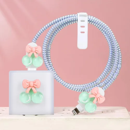 Vista 6 de CameCosy Bonito protector de cable compatible con adaptador de iPhone con diseño de peras de cereza de cristal, cubierta USB de línea de datos suave