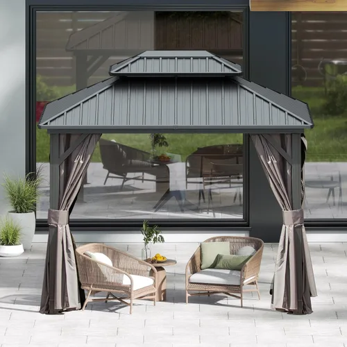 Vista 15 de Domi - Cenador de techo rígido de 8 x 8 pies con malla y cortinas, cenador para exteriores con techo doble de acero galvanizado para patio, césped