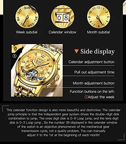 Vista 4 de OLEVS - Reloj automático para hombre con diseño de esqueleto de 5 manecillas clásico de lujo multicalendario de acero inoxidable impermeable