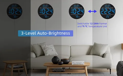 Vista 5 de Reloj de pared digital con pantalla LED grande, fecha, temperatura, brillo automático Pequeño reloj [ENCHUFE] Reloj de pared eléctrico moderno