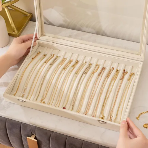 Vista 7 de Frebeauty Organizador de collares de 15 ganchos, bandeja de terciopelo con Beige