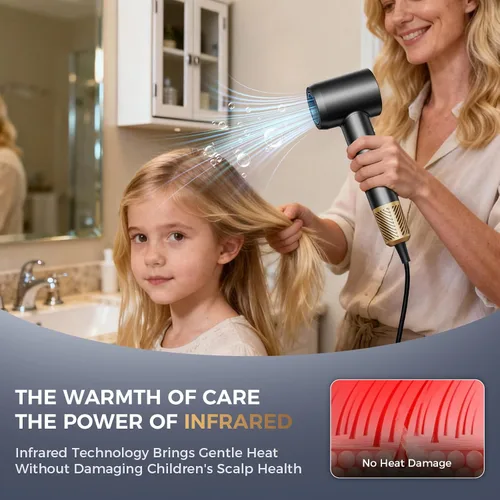 Vista 2 de Secador de pelo infrarrojo, 160000 RPM de bajo ruido para mujeres y hombres, control profesional de encrespamiento de iones negativos y sin daños