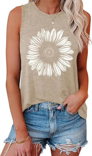 Vista 26 de Hount Camisetas sin mangas para mujer, estilo casual, holgadas, con gráficos, cómodas, para verano, básicas, camisetas tipo túnica 10-beige