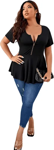 Vista 5 de SOLY HUX Tallas grandes para mujer, sexy, media cremallera, corte bajo, manga corta, volantes, peplum tops