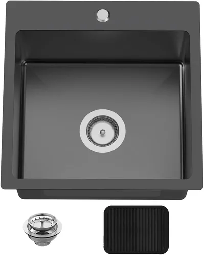 Vista 12 de Fregadero Negro de Cocina y Bar, Fregadero de Cocina de Acero Inoxidable de 15 x 17 Pulgadas para Empotrar, Fregadero de Bar Moderno de Un Solo