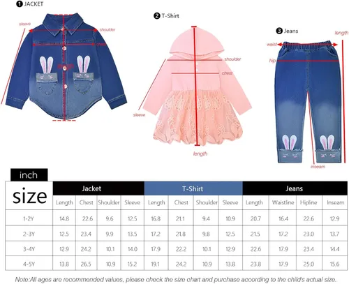 Vista 3 de Peacolate 1-5 años de primavera y otoño, vestido de manga larga con capucha, chaqueta de mezclilla y jeans