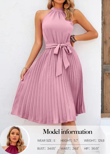 Vista 2 de KIRUNDO Vestido de cóctel plisado de verano sin mangas con cuello halter para mujer, línea A, acampanado, con cinturón