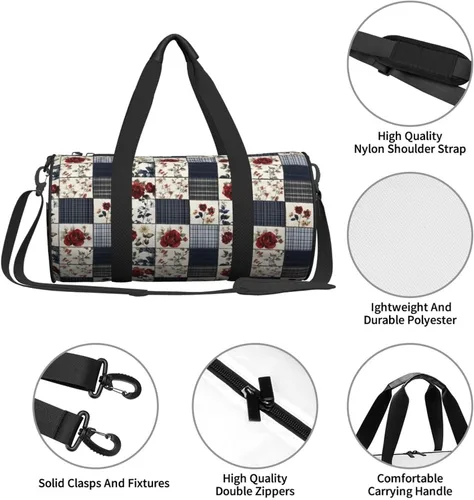 Vista 4 de Large Duffle Bag for Travel - Retro Floral Plaid Print Gym Bag for Women Men, Travel Foldable Bags for Women Men with Zippered Multiple Pockets